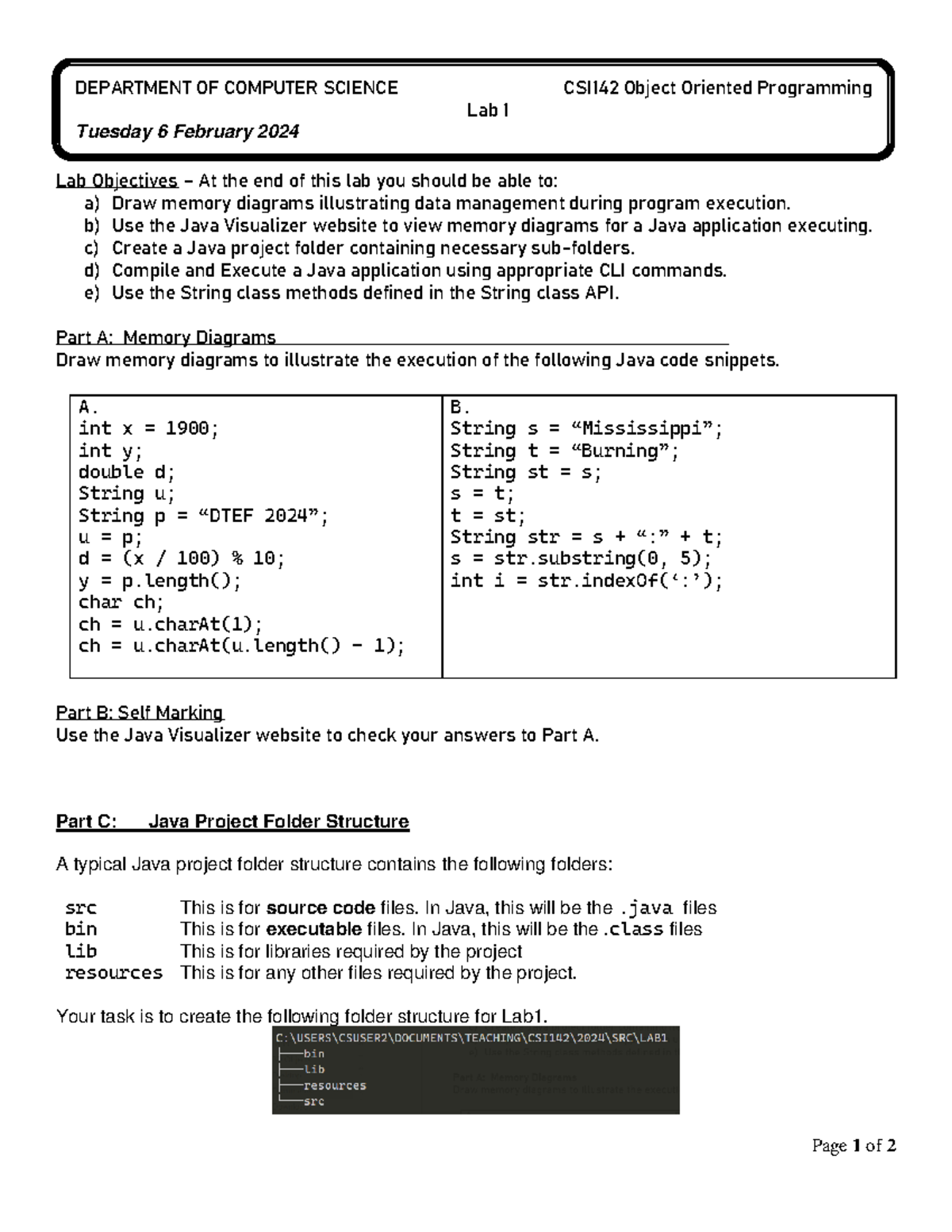 CSI142 Lab 1 - Memory Diagrams and Java Project Structure - Studocu
