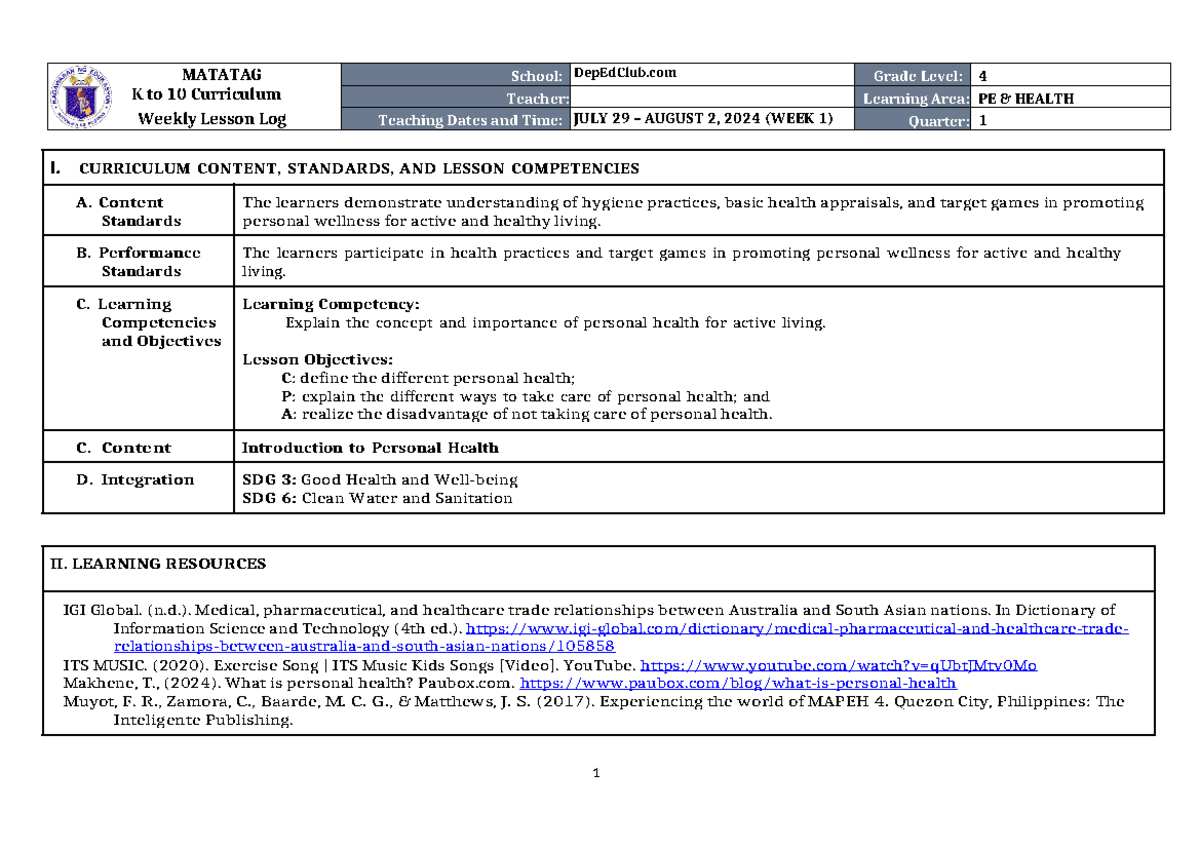 DLL Matatag PE& Health 4 Q1 W1 - MATATAG K to 10 Curriculum Weekly ...