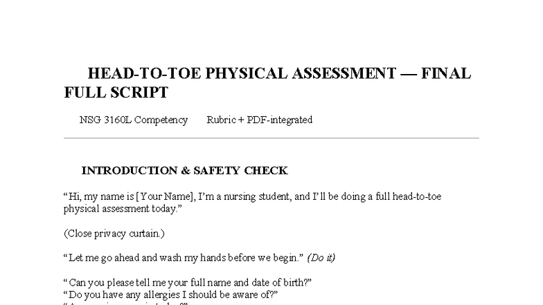 PHYSICAL ASSESSMENT FINAL SCRIPT NSG 3160L: Full Body Exam Guide - Studocu