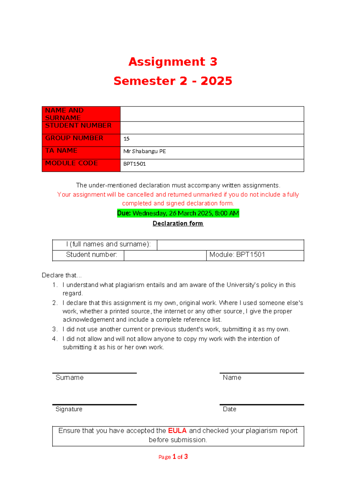 BPT1501 Assignment 3 Template - Semester 2, 2025 - Studocu