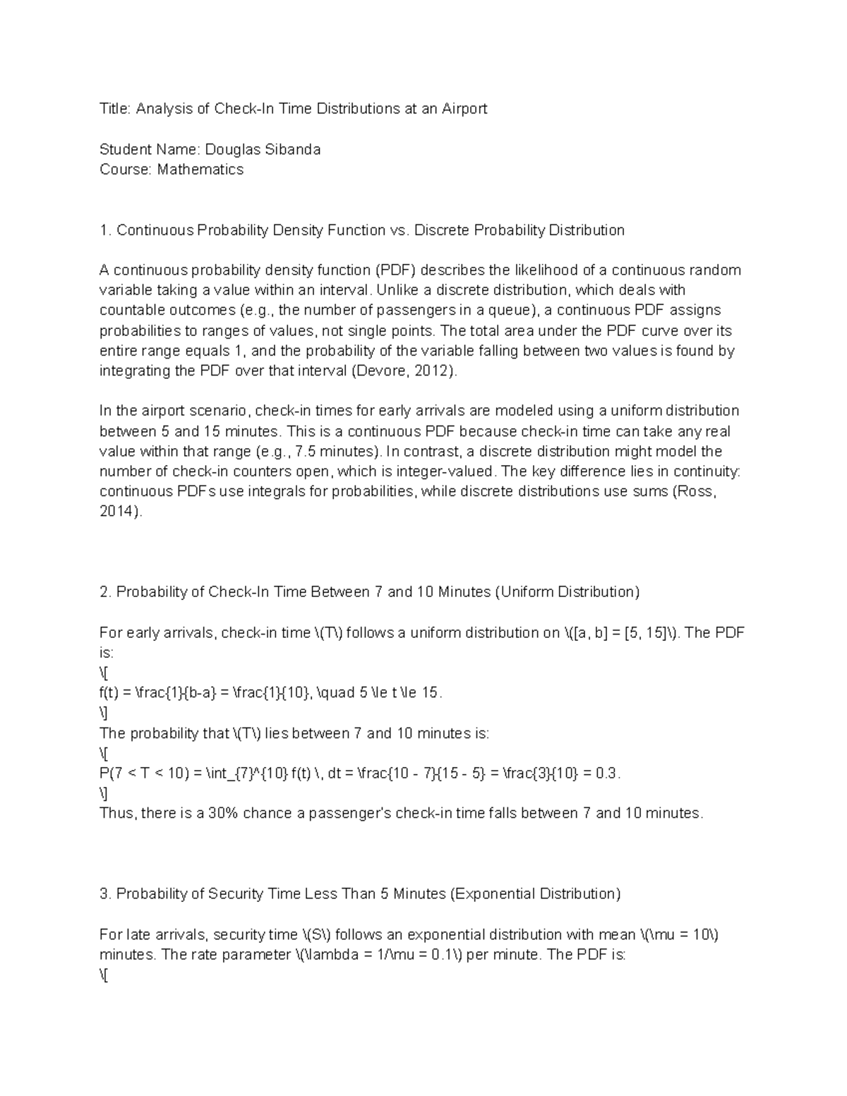 Mathematics 1: Analysis of Time Distributions at an Airport - Studocu
