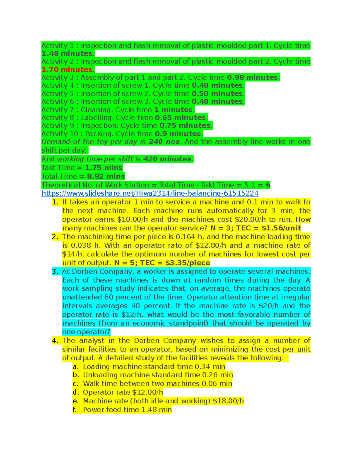 Line Balancing Analysis and Cycle Time Calculation for Production - Studocu