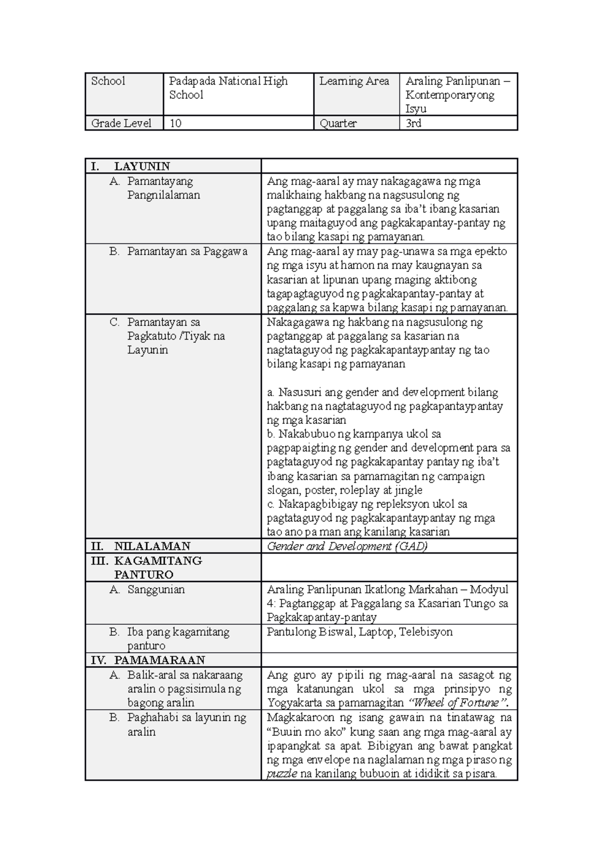 Grade 10 - Gender and Development Lesson Plan for 3rd Quarter - Studocu