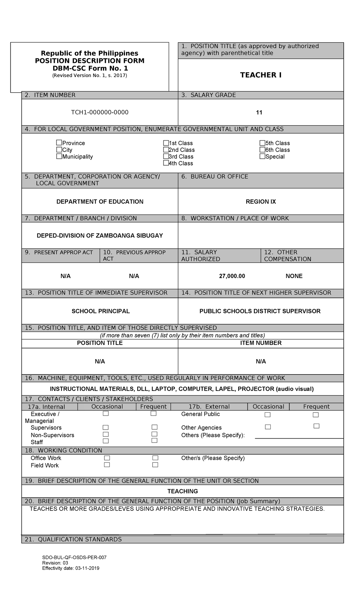 Position Description Form for Teacher I - T1 to MT2 - Studocu