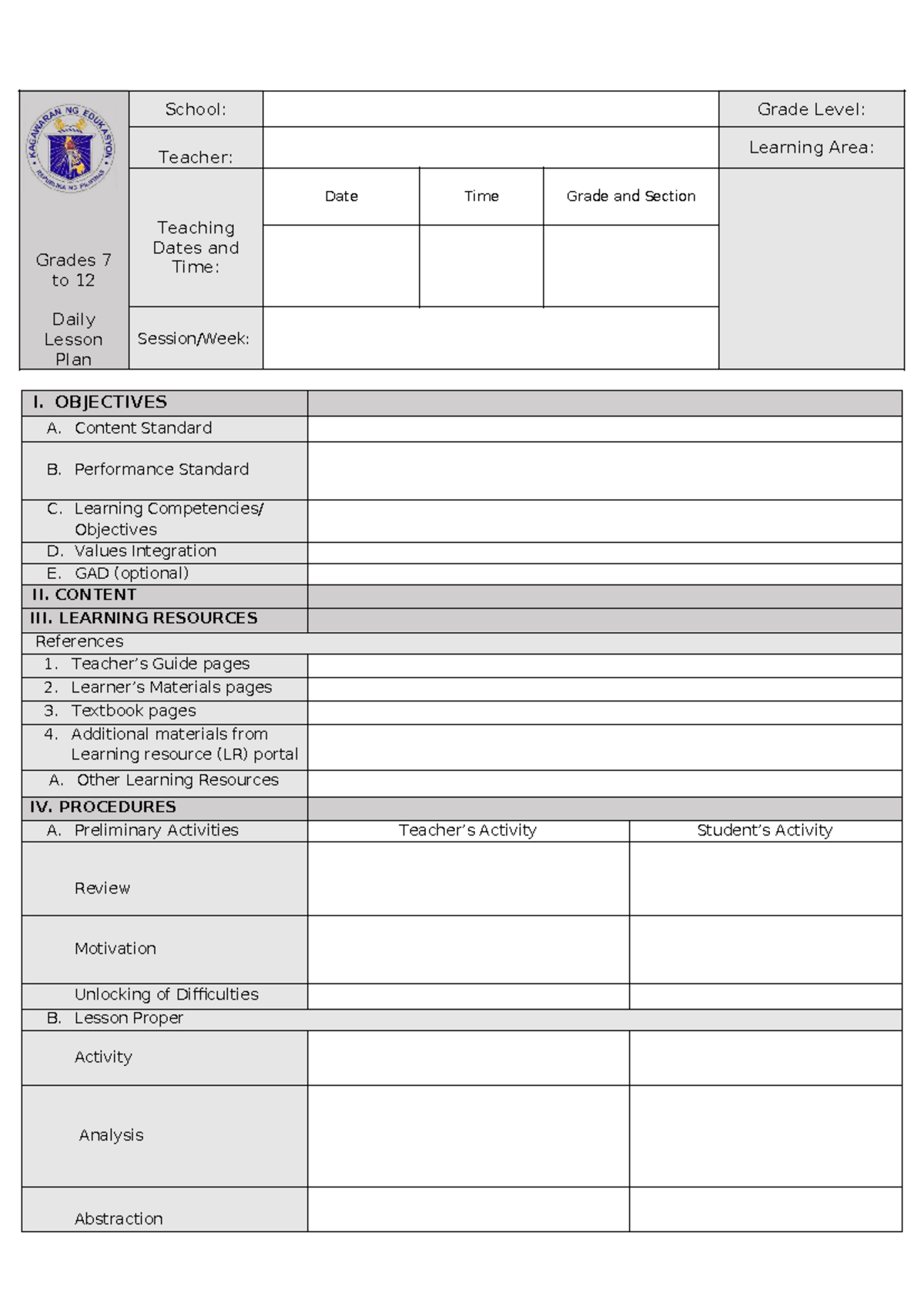 4As Detailed Lesson Plan for Grades 7-12 - Helpful for Interns - Studocu