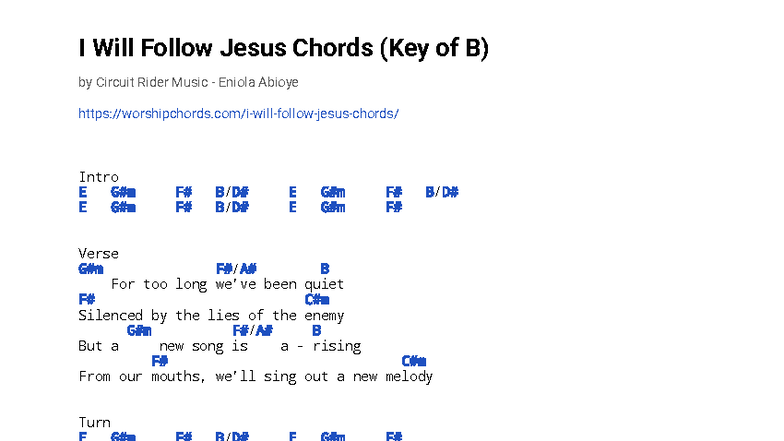 I will follow Jesus - 123 - I Will Follow Jesus Chords (Key of B) by ...