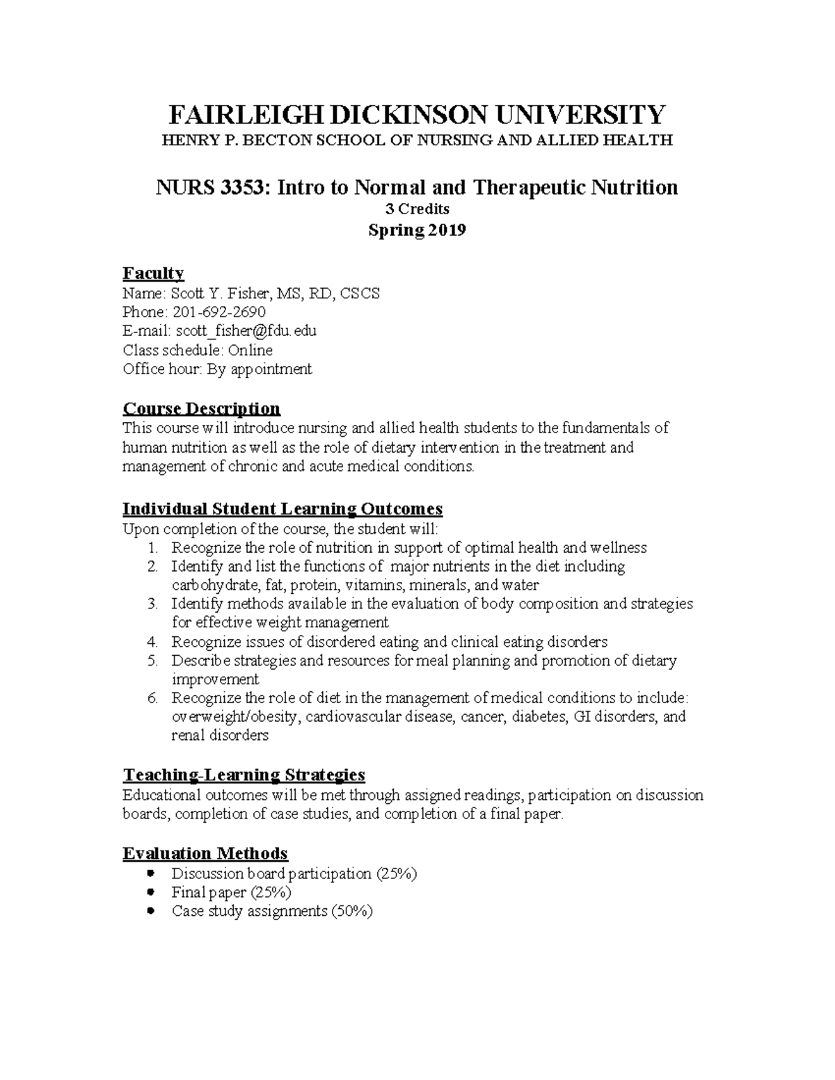 Nursing Syllabus for NURS 3353 - FAIRLEIGH DICKINSON UNIVERSITY HENRY P ...
