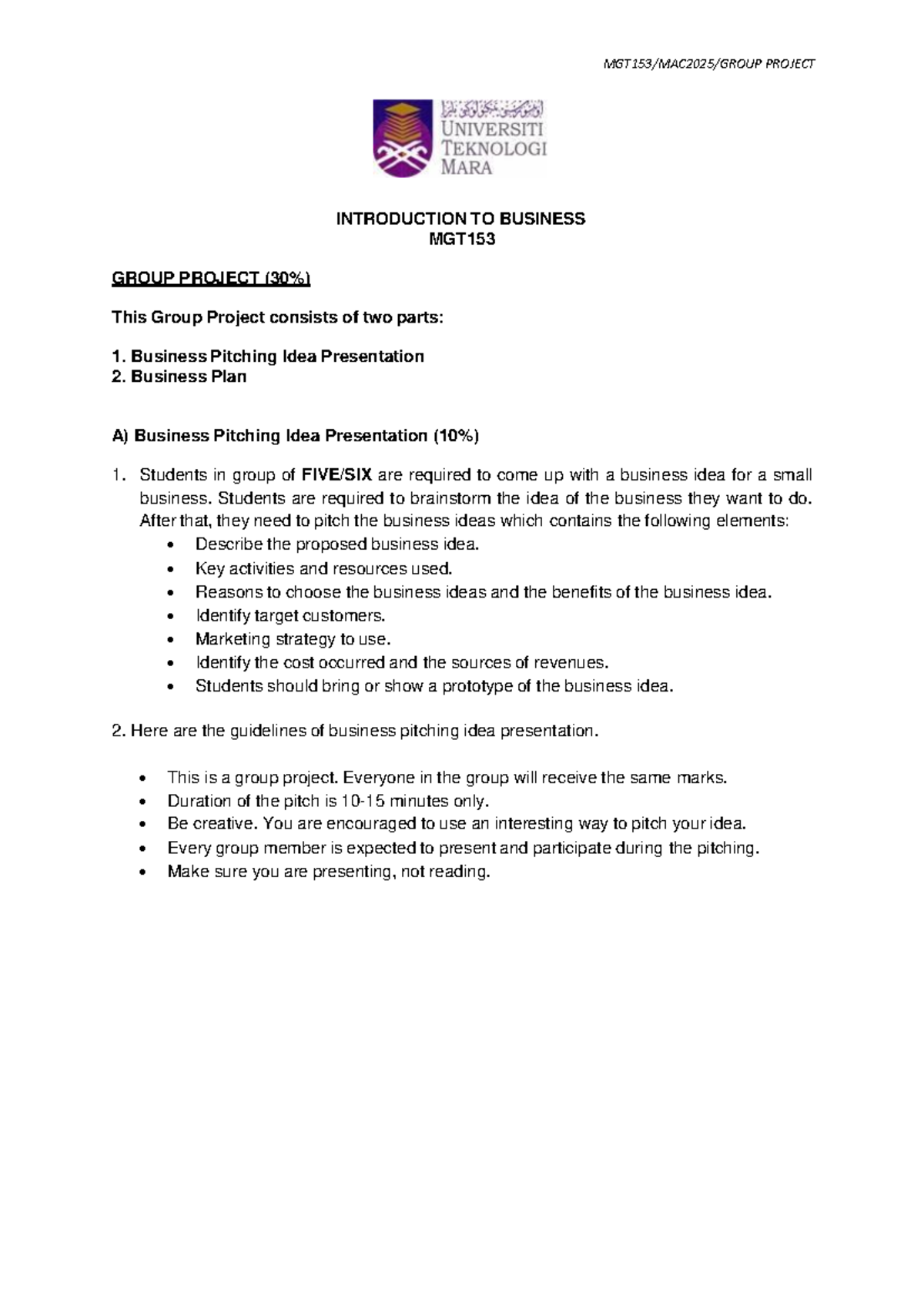 MGT153 Group project: Business pitching and plan guidelines - Studocu