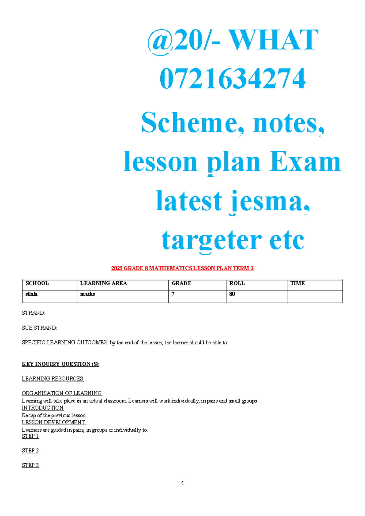 0721634274 Grade 7 Mathematics Lesson Plans for Term 3 - Studocu