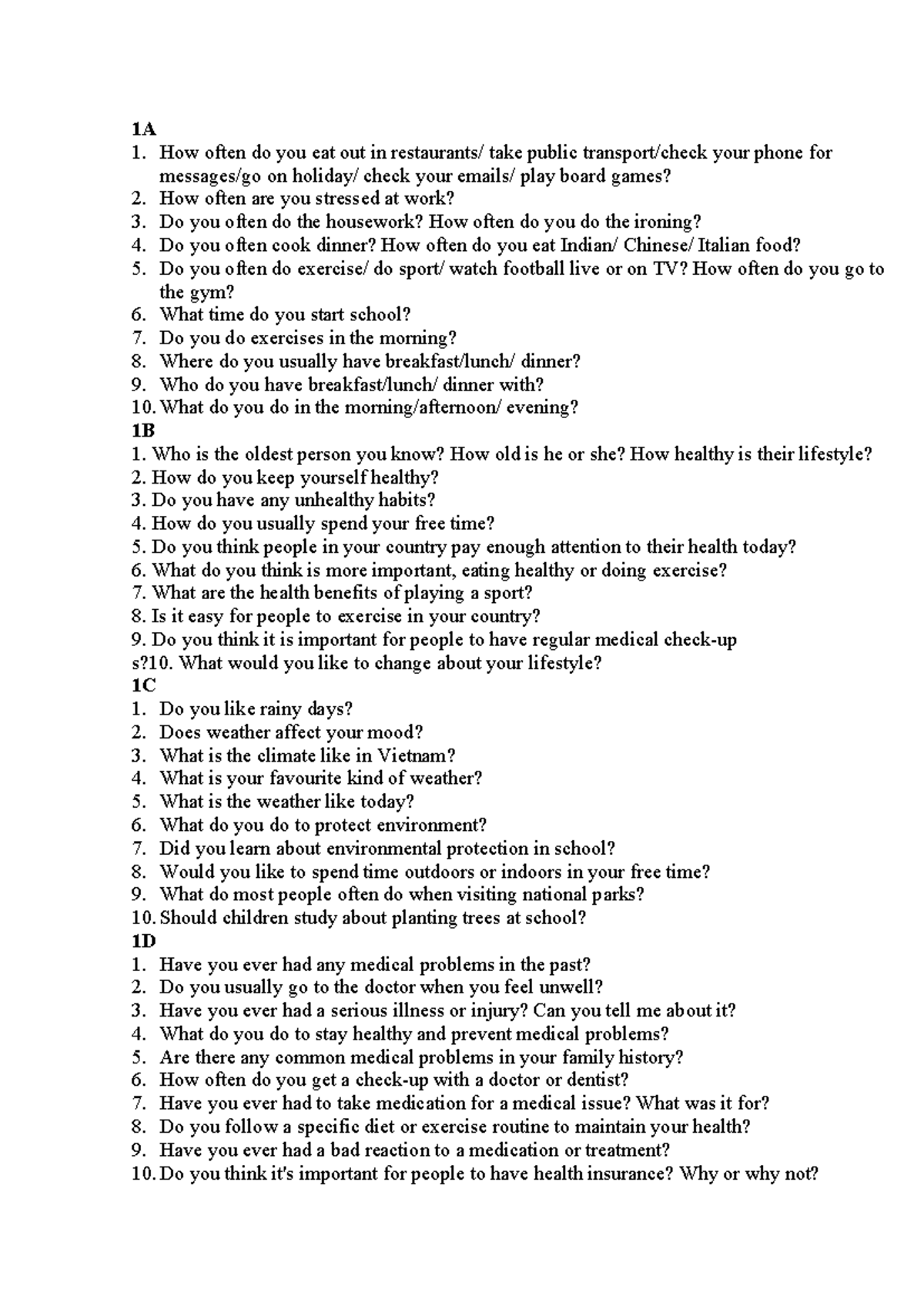 K59 Speaking Giữa Kì: Key Questions & Answers (160 câu) - Studocu