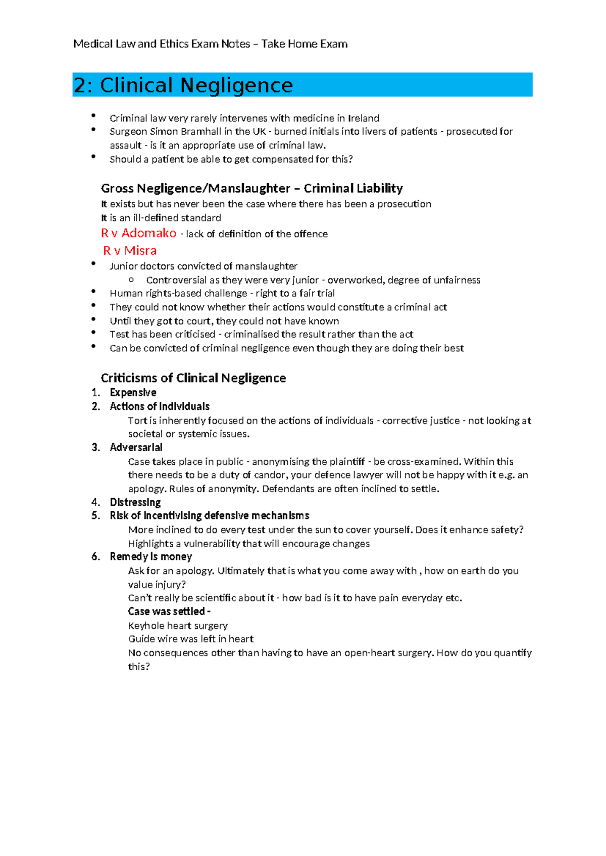 MED LAW 2: Clinical Negligence Exam Notes and Key Concepts - Studocu