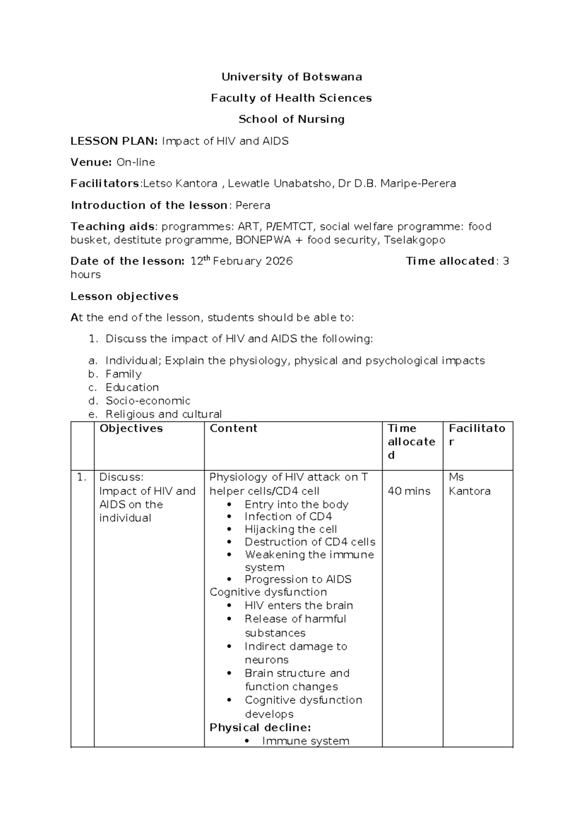 HSC 101: Lesson Plan on the Impact of HIV and AIDS - Studocu