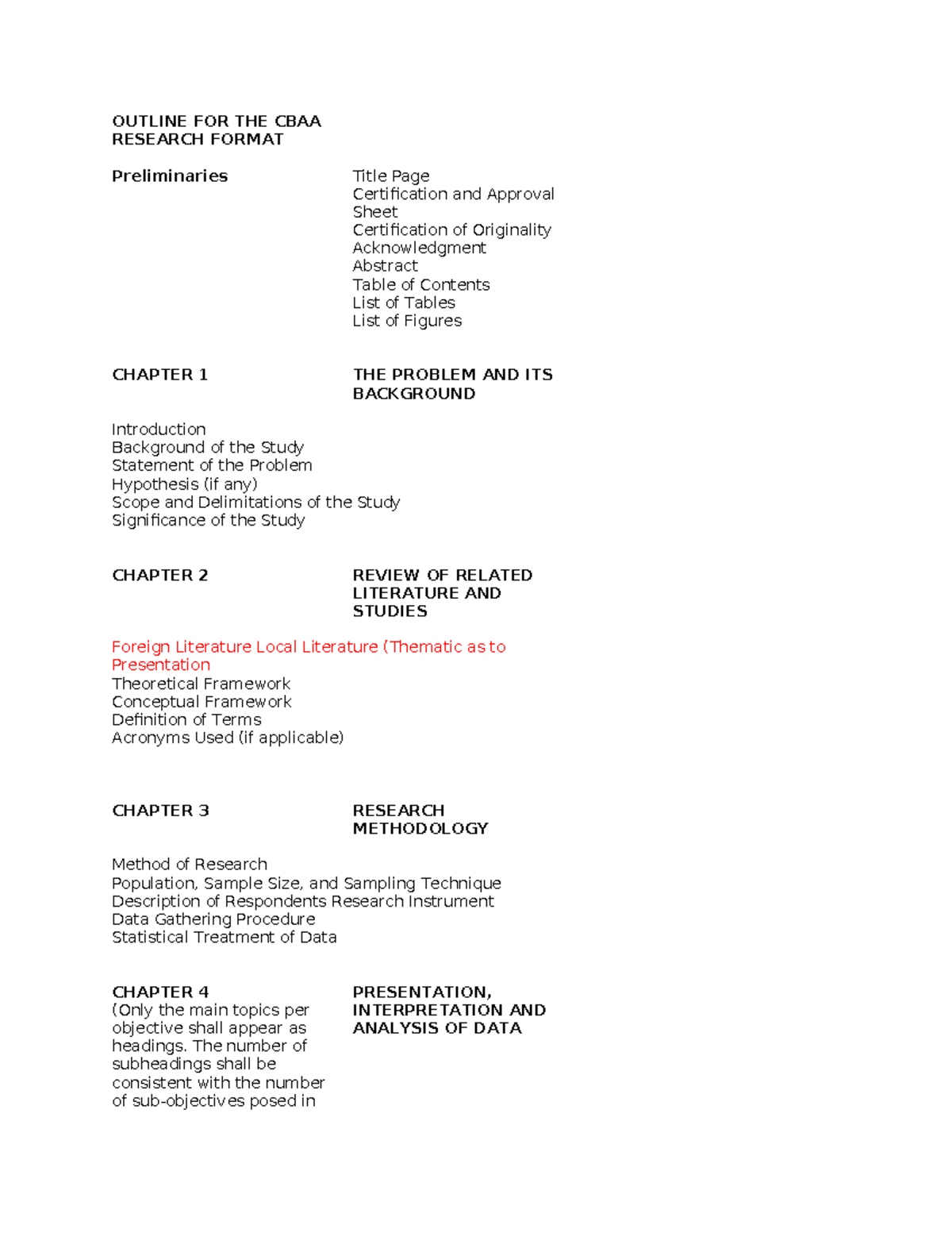 CBAA research format outline and guidelines for students - Studocu