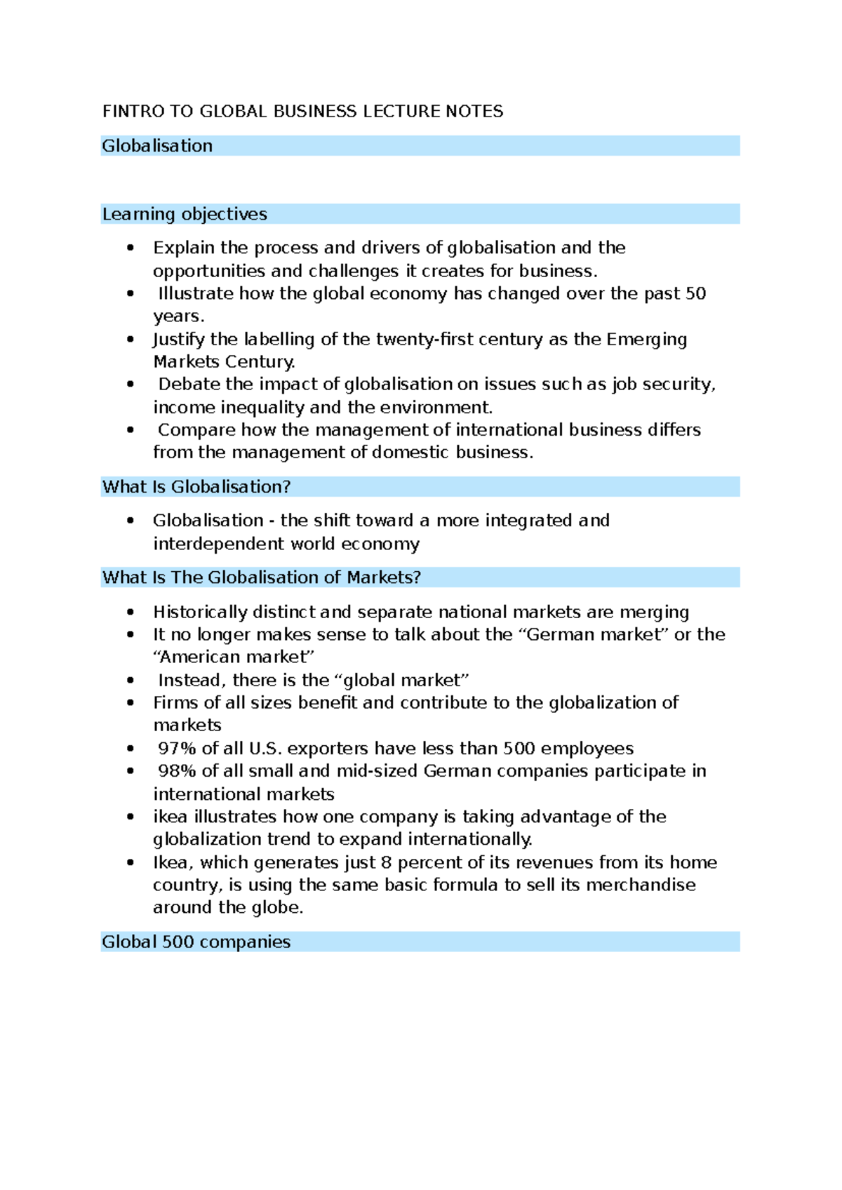 FINTRO TO GLOBAL BUSINESS LECTURE NOTES: Globalisation Insights - Studocu