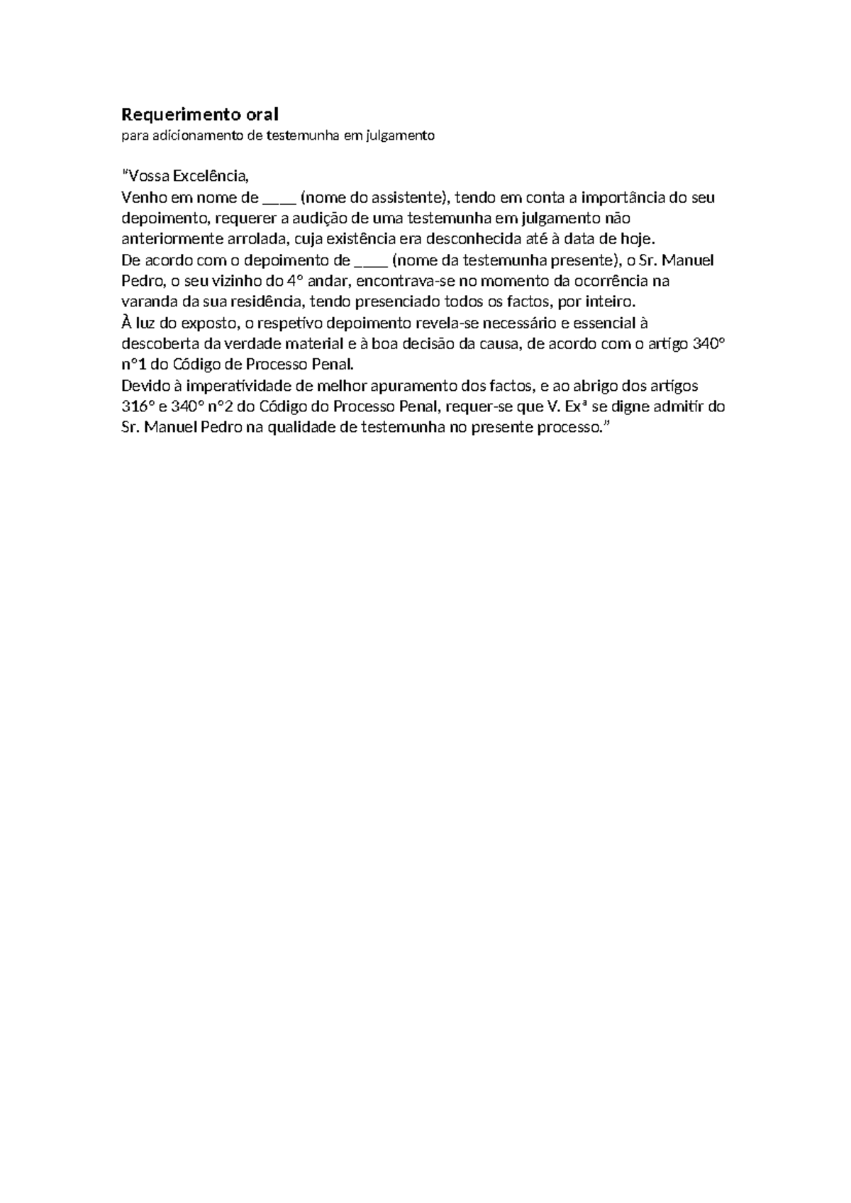 Requerimento Oral para Adição de Testemunha - 1º TPC - Studocu