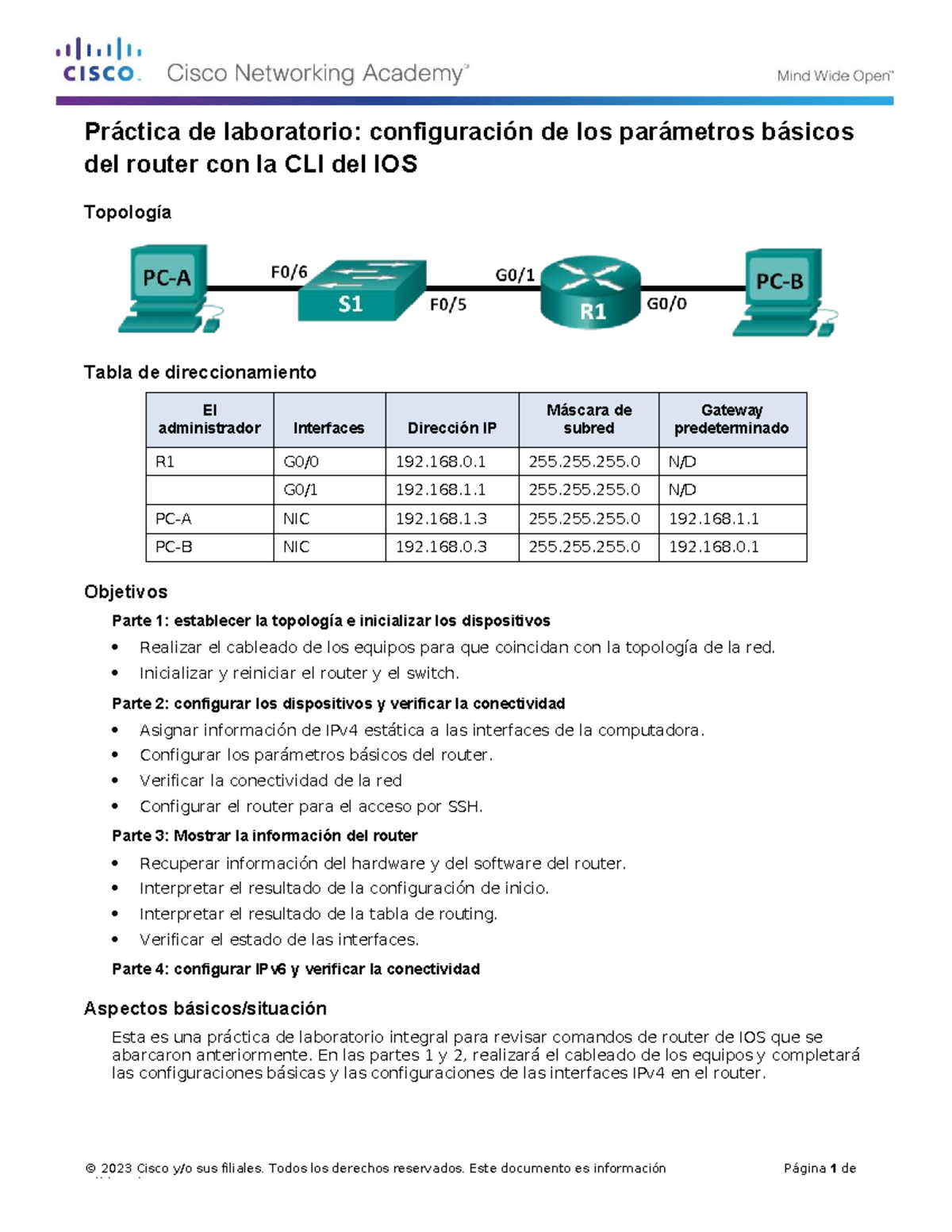 ( Laboratorio) - Basic Router Configuration - © 2023 Cisco y/o sus ...