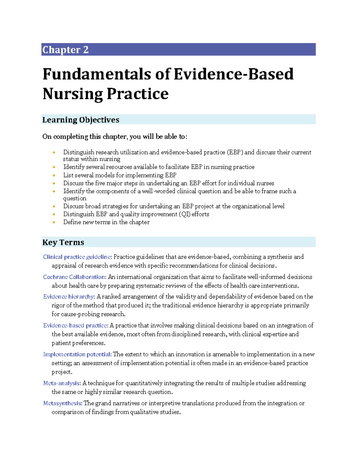 **Chapter 2: Fundamentals of EBP in Nursing Practice (NUR101)** - Studocu