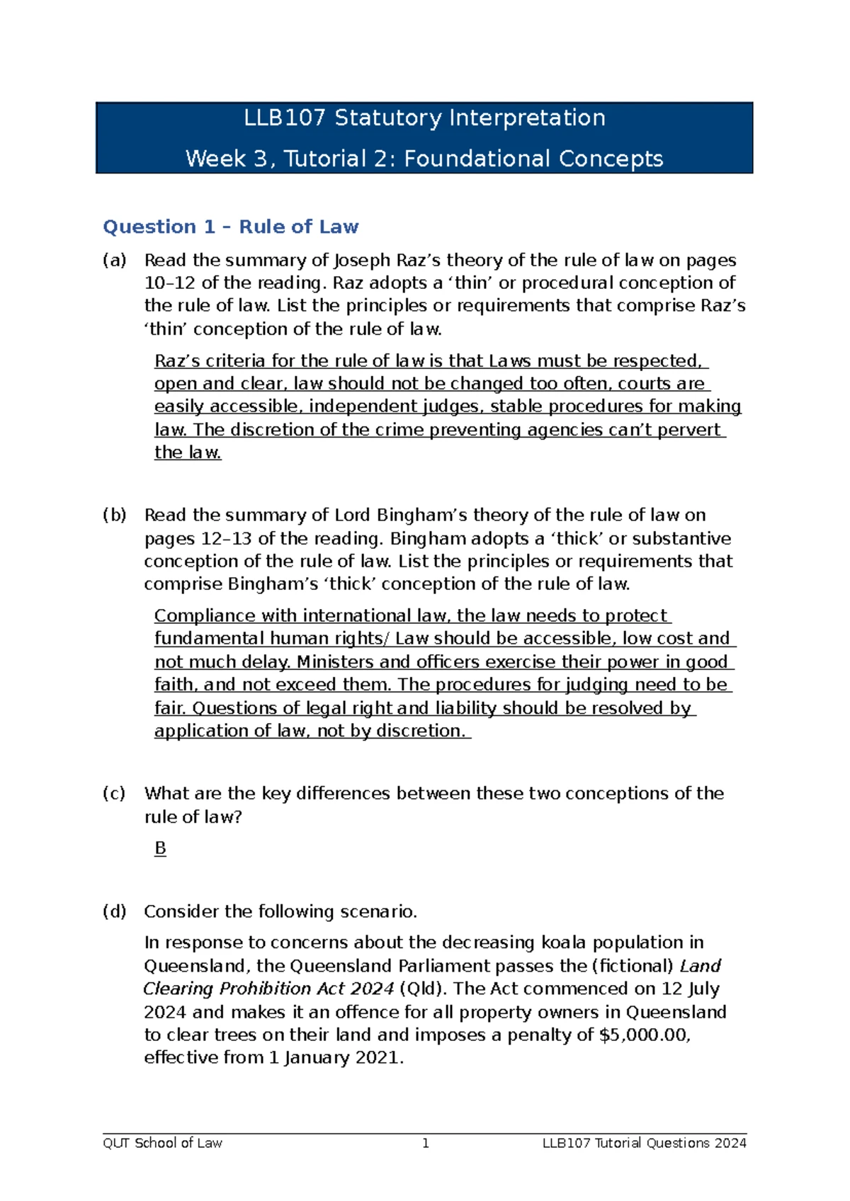 LLB107 Week 2 Tutorial Questions on Statutory Interpretation - Studocu