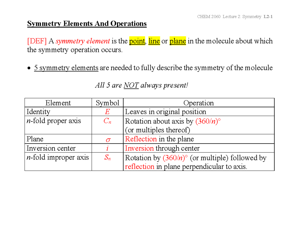CHEM 2060 Lecture 2: Symmetry Elements and Operations - Studocu