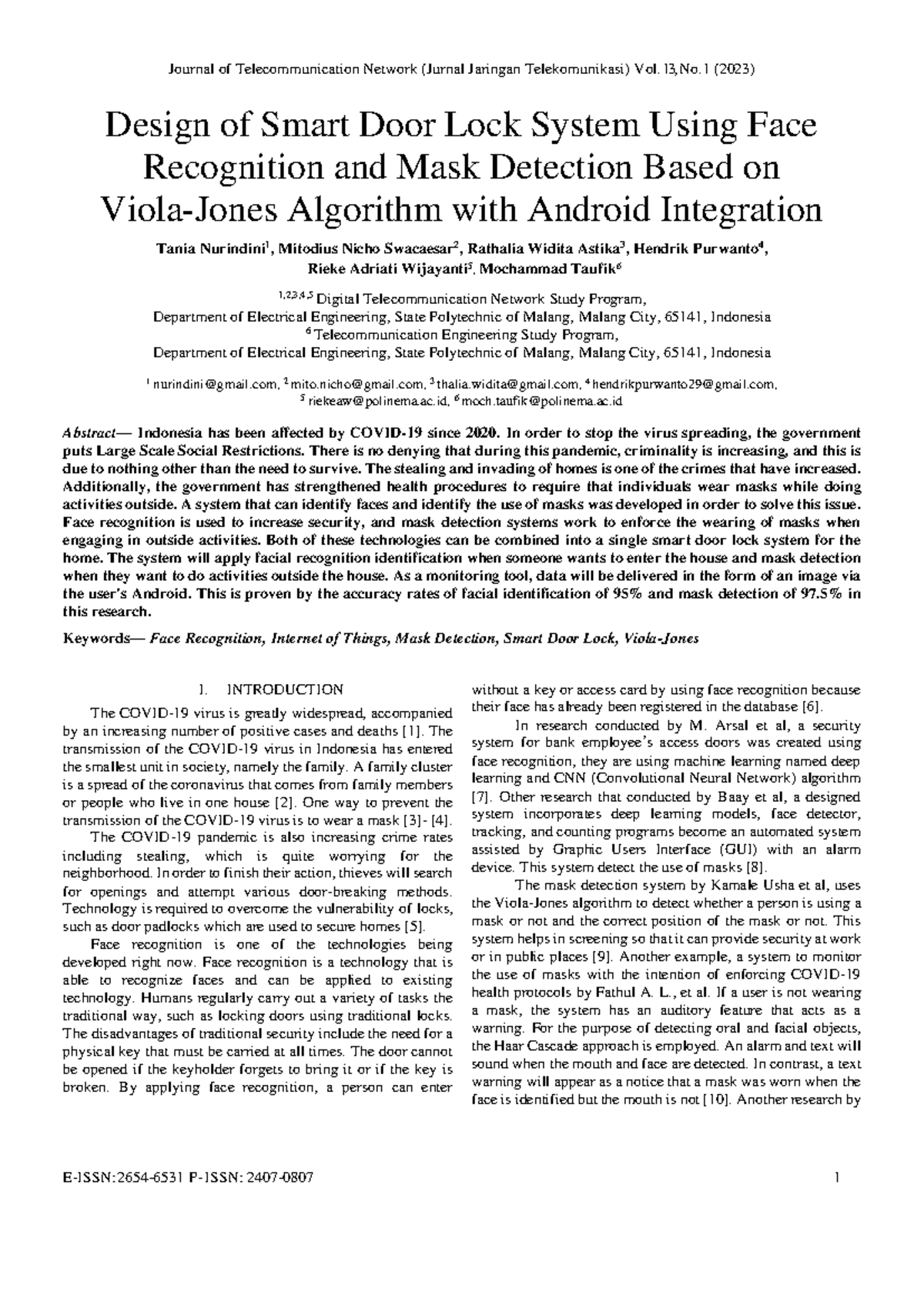 Design of Smart Door Lock System with Face Recognition & Mask Detection ...