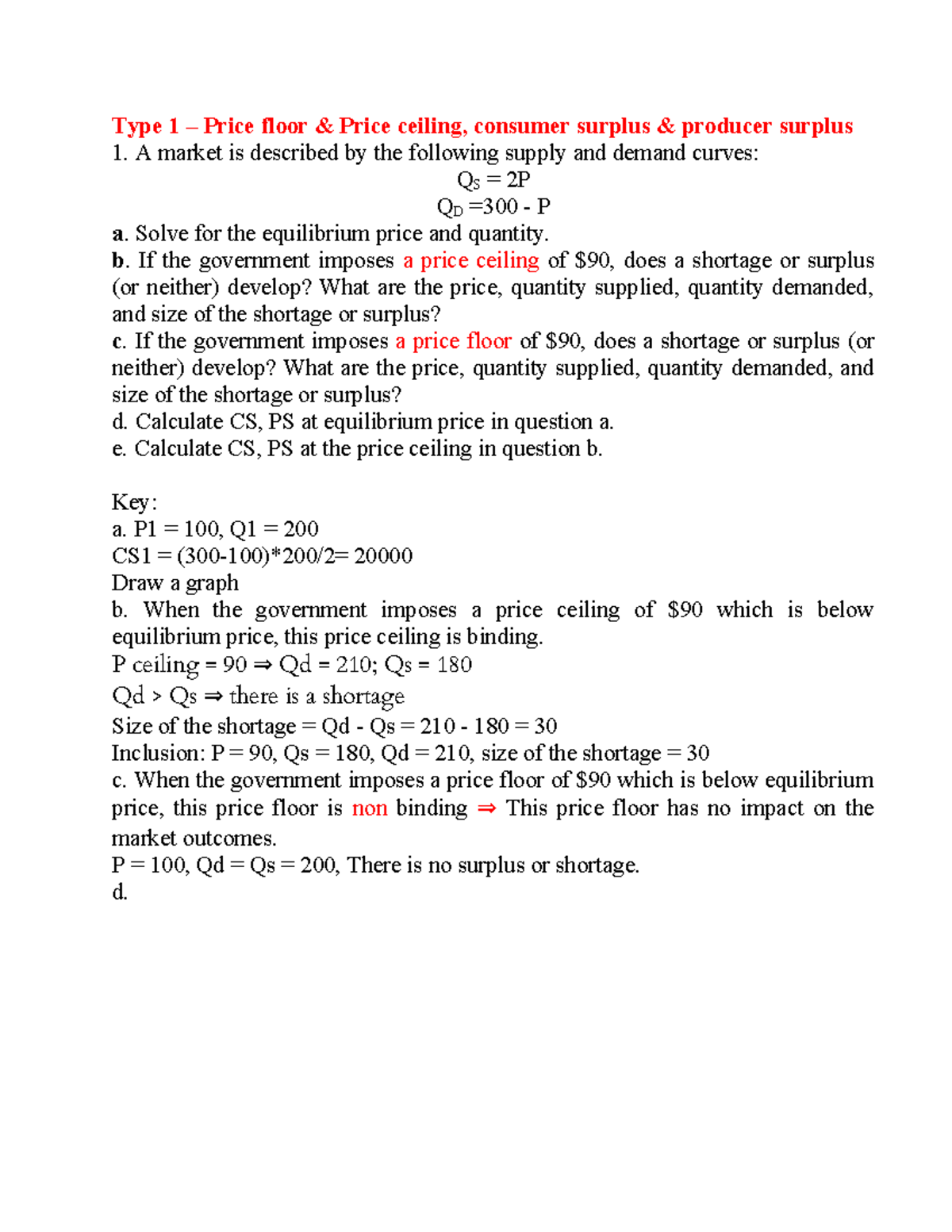 Microeconomics Calculation Exercises: Price Floor & Ceiling Analysis ...