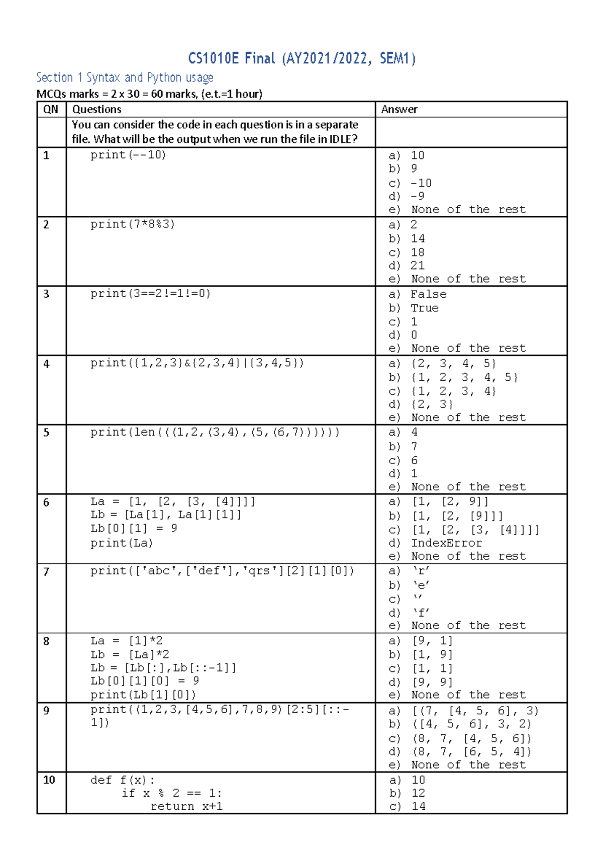 2021S1 Q - no answers - CS1010E Final (AY2021/2022, SEM1) Section 1 ...