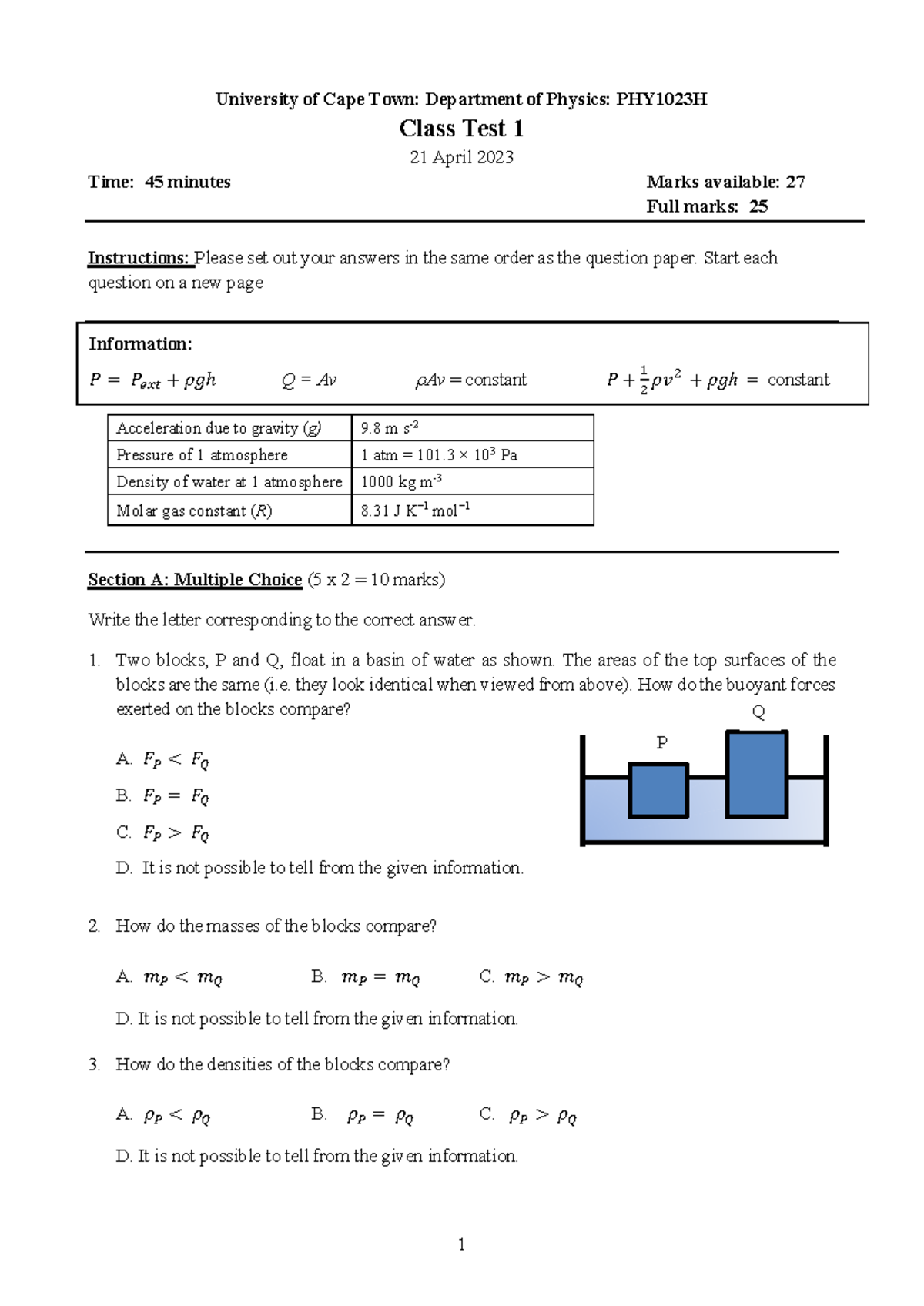 PHY1023H Class Test 1 - Physics Concepts and Problems Analysis - Studocu