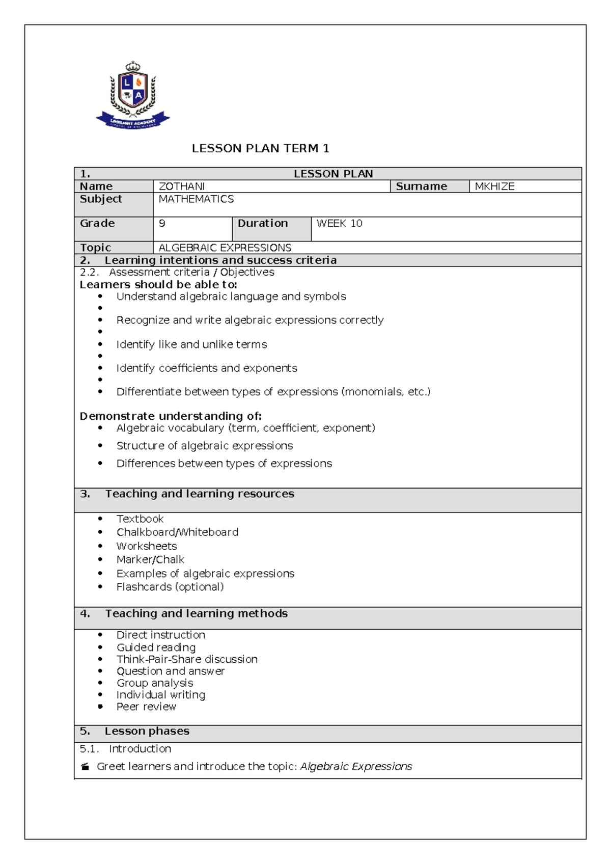 Grade 9 Mathematics Lesson Plan: Algebraic Expressions (Term 1) - Studocu