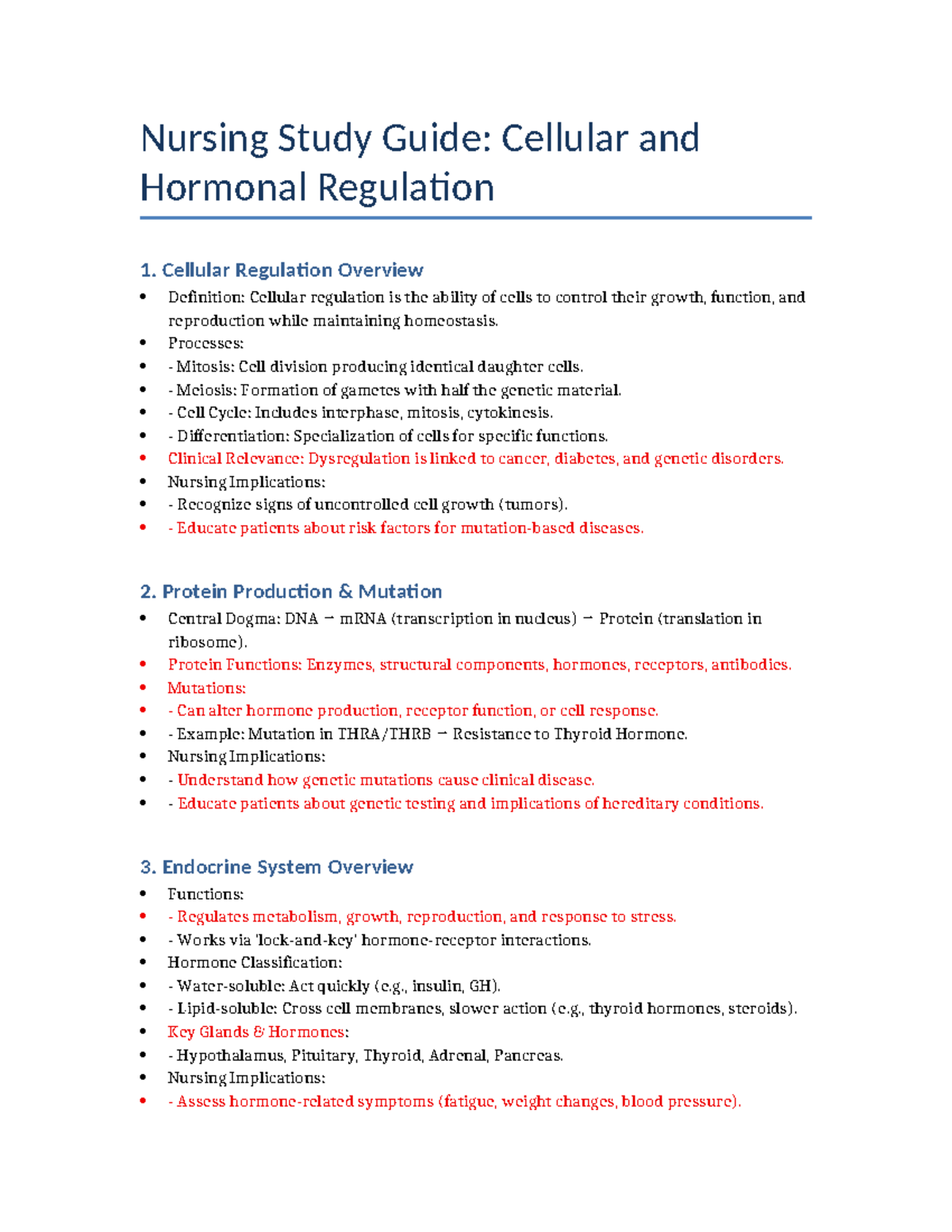 NUR 101: Cellular and Hormonal Regulation Study Guide - Studocu