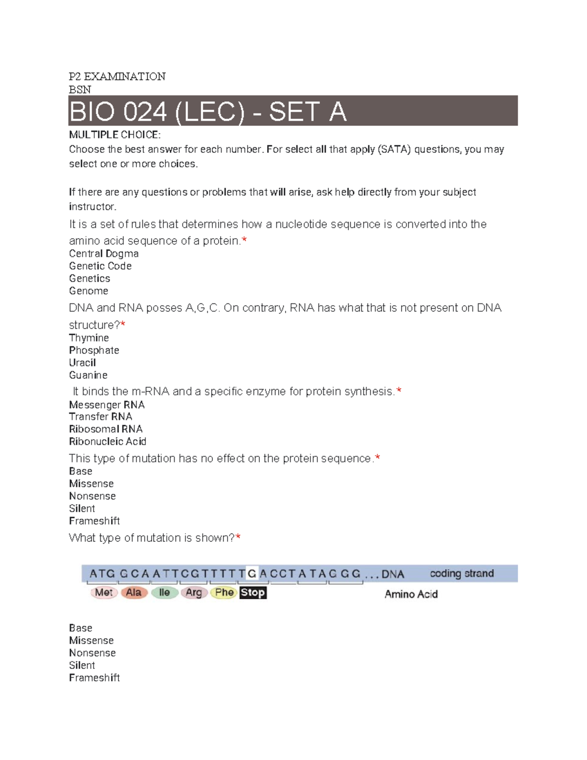 BIO 024 LEC - P2 Exam MCQs Set A and Answers - Studocu