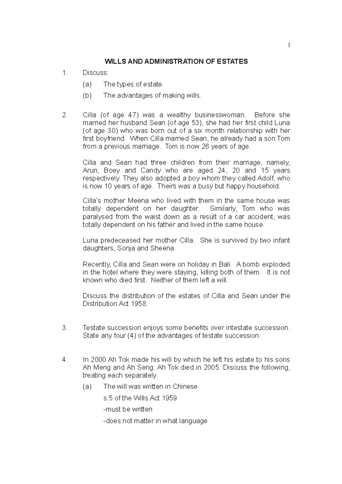 Tutorial Questions-Wills and Administration of Estates - 1 WILLS AND ...