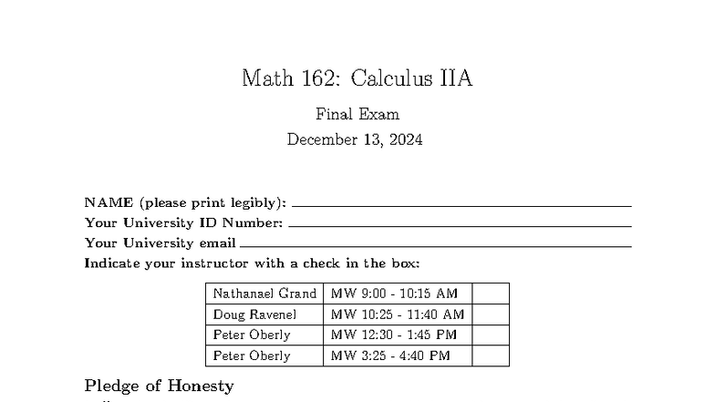 Math 162: Calculus IIA Final Exam Review - December 2024 - Studocu