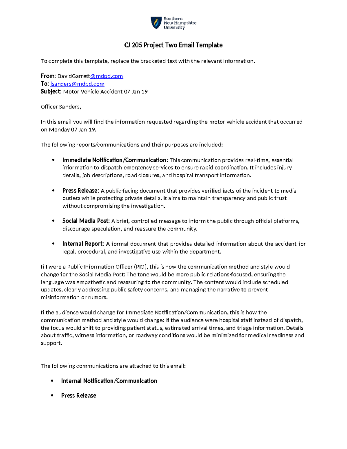 CJ 205 Project Two Email Template for Motor Vehicle Accident Reporting ...