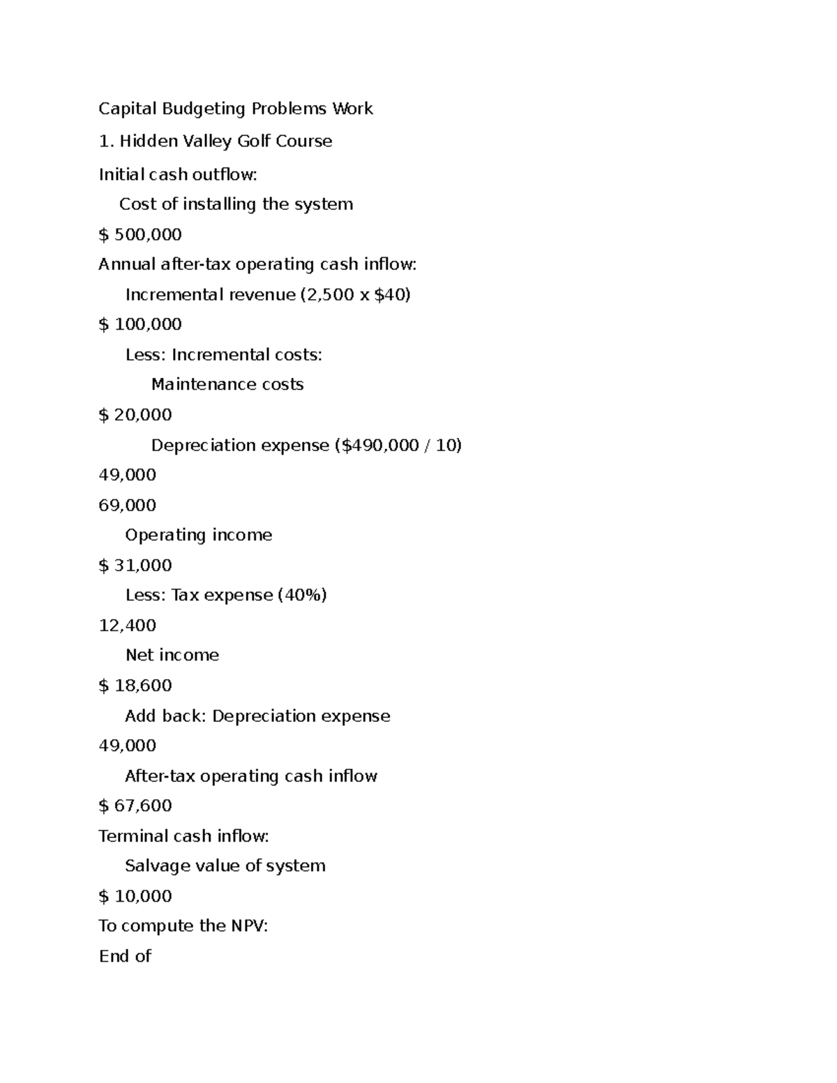 Capital Budgeting Problems - Group Work Week 2 Analysis - Studocu