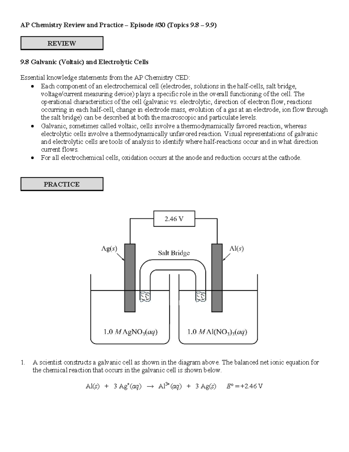 AP Chemistry Review: Galvanic & Electrolytic Cells (Topics 9.8-9.9 ...