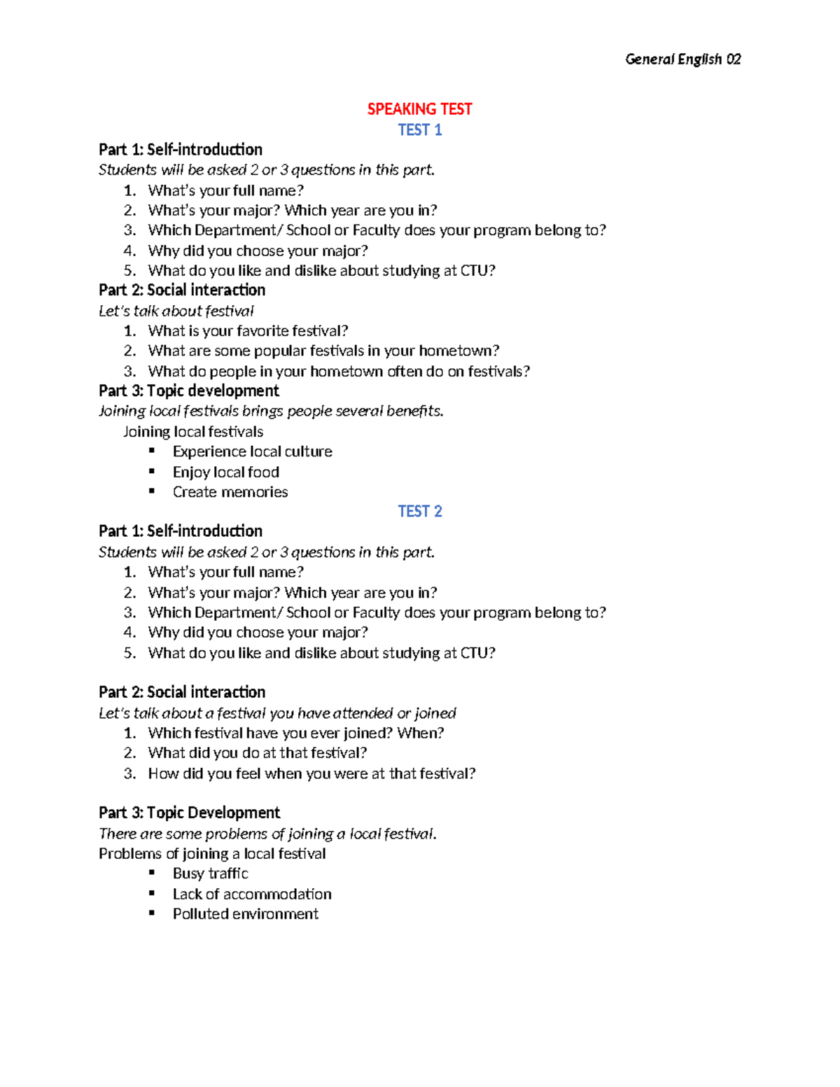 General English 02 SPEAKING TEST Package Overview - Studocu