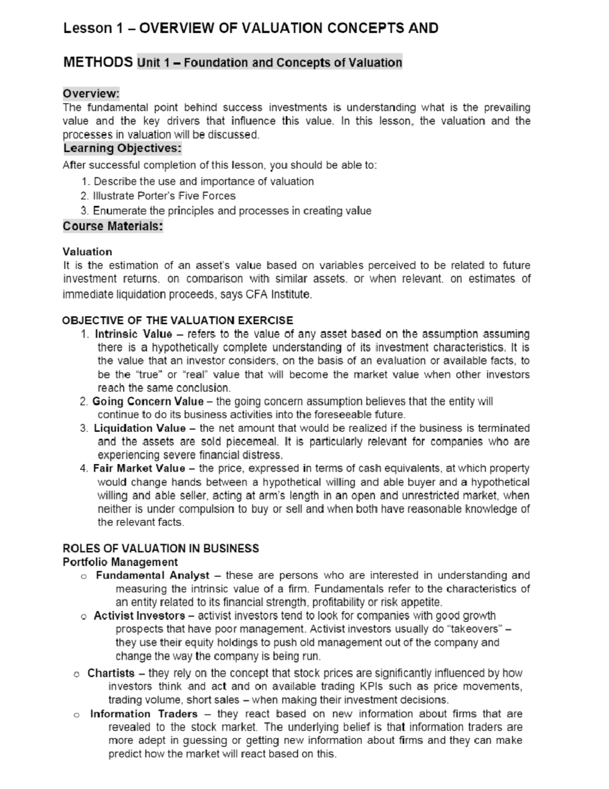 Valuation and Concepts - Lecture Material (Overview) - Business - Studocu