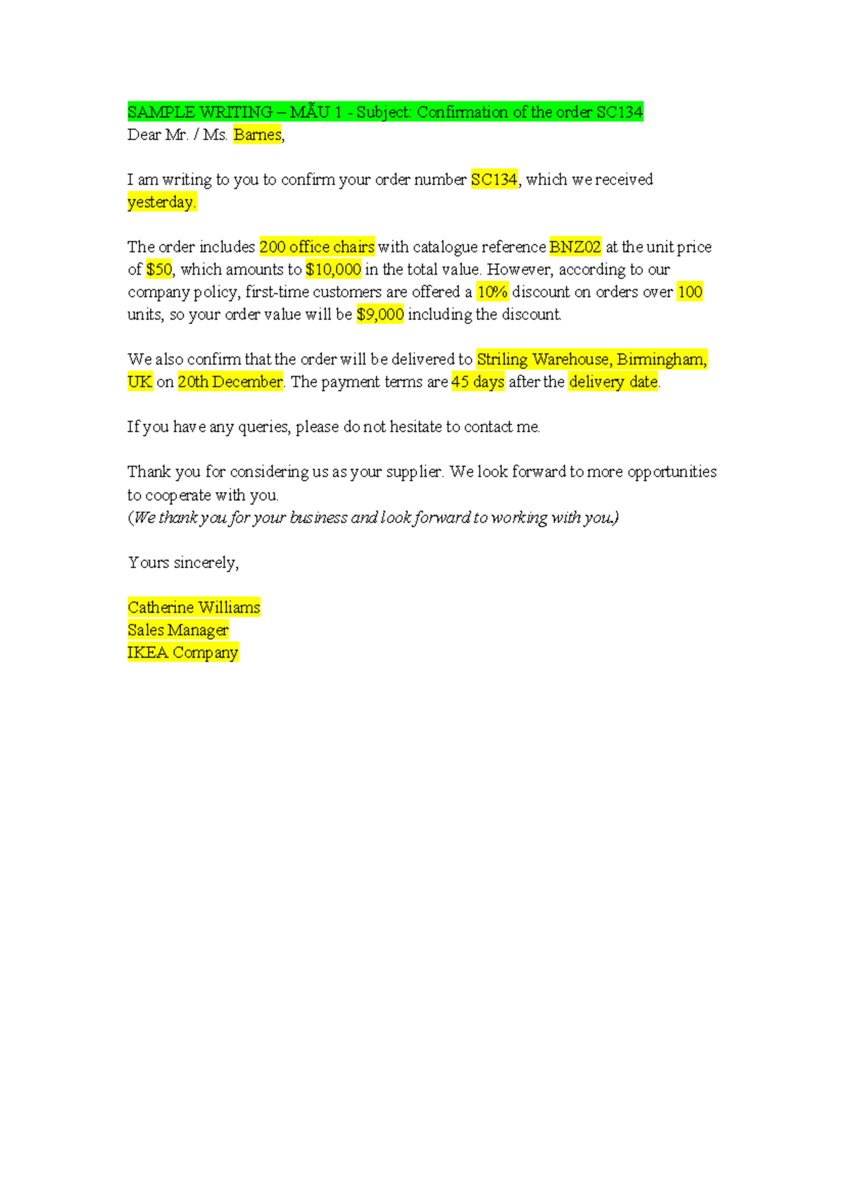 Email - TA HP1 - SAMPLE WRITING – MẪU 1 - Subject: Confirmation of the ...