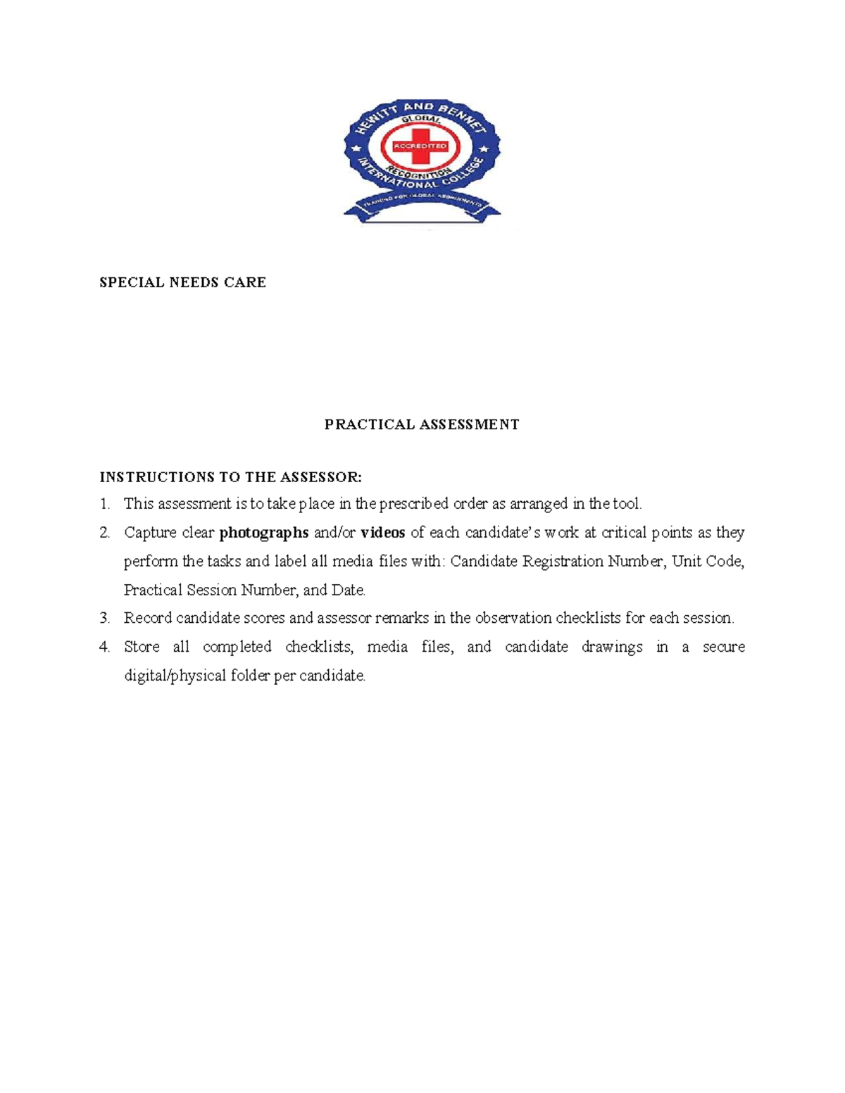 PAP 2 Practical Assessment Checklist for Special Needs Care - Studocu