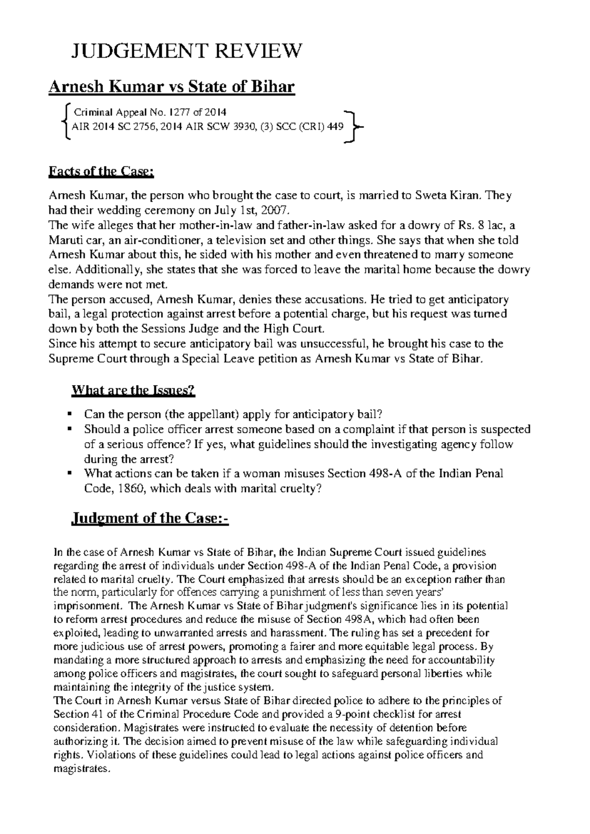 JR 4 - Arnesh Kumar vs State of Bihar: Case Judgment Review - Studocu