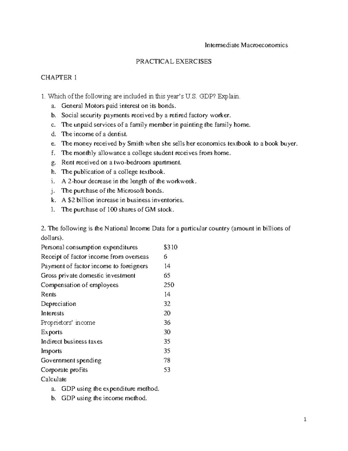 Intermediate Macroeconomics Exercises: Chapter 1 Analysis and Solutions ...