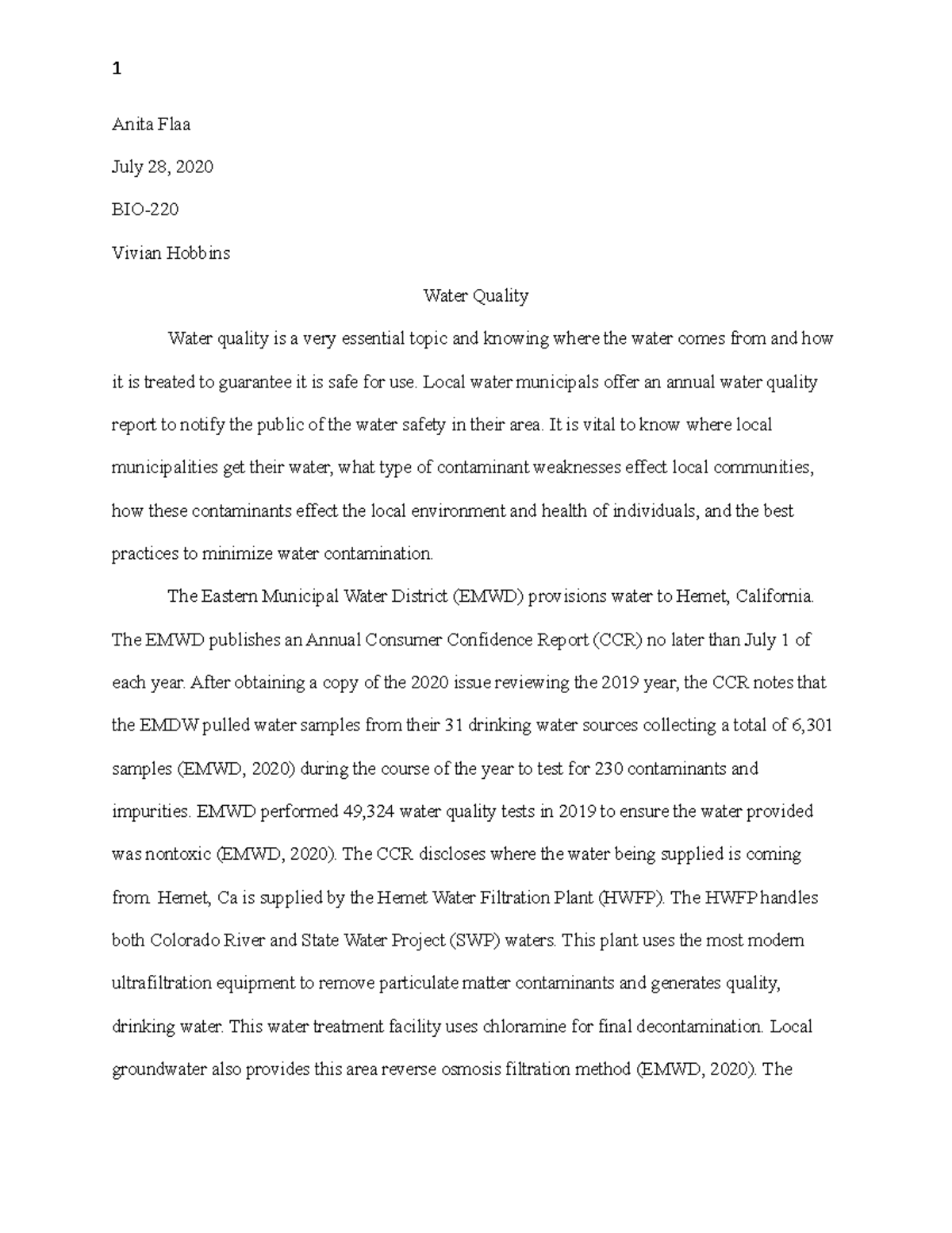 Water Quality Analysis Essay - BIO 220 - Anita Flaa - Studocu