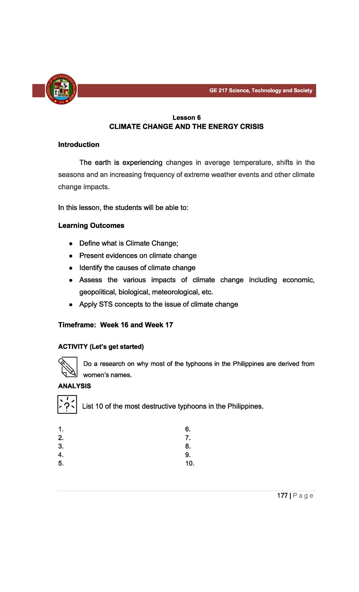 Group 12 - lecture notes - SOUTHE ASTE O RRN GE 217 Science, Technology ...