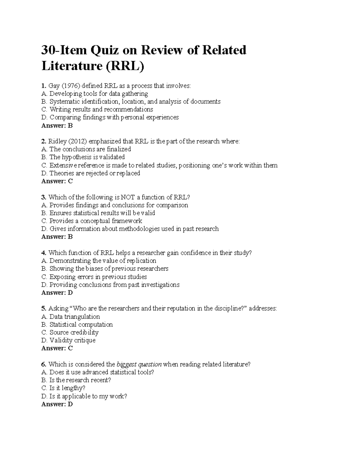 RRL Quiz Answer Key (Course Code: RRL 101) - Studocu