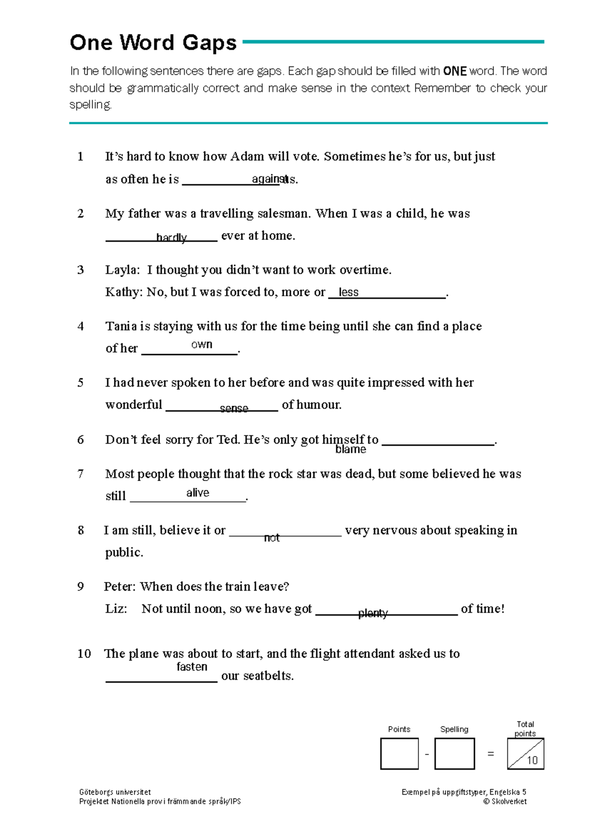 En5 One Word Gaps Exercise - Fill in the Blanks - Studocu