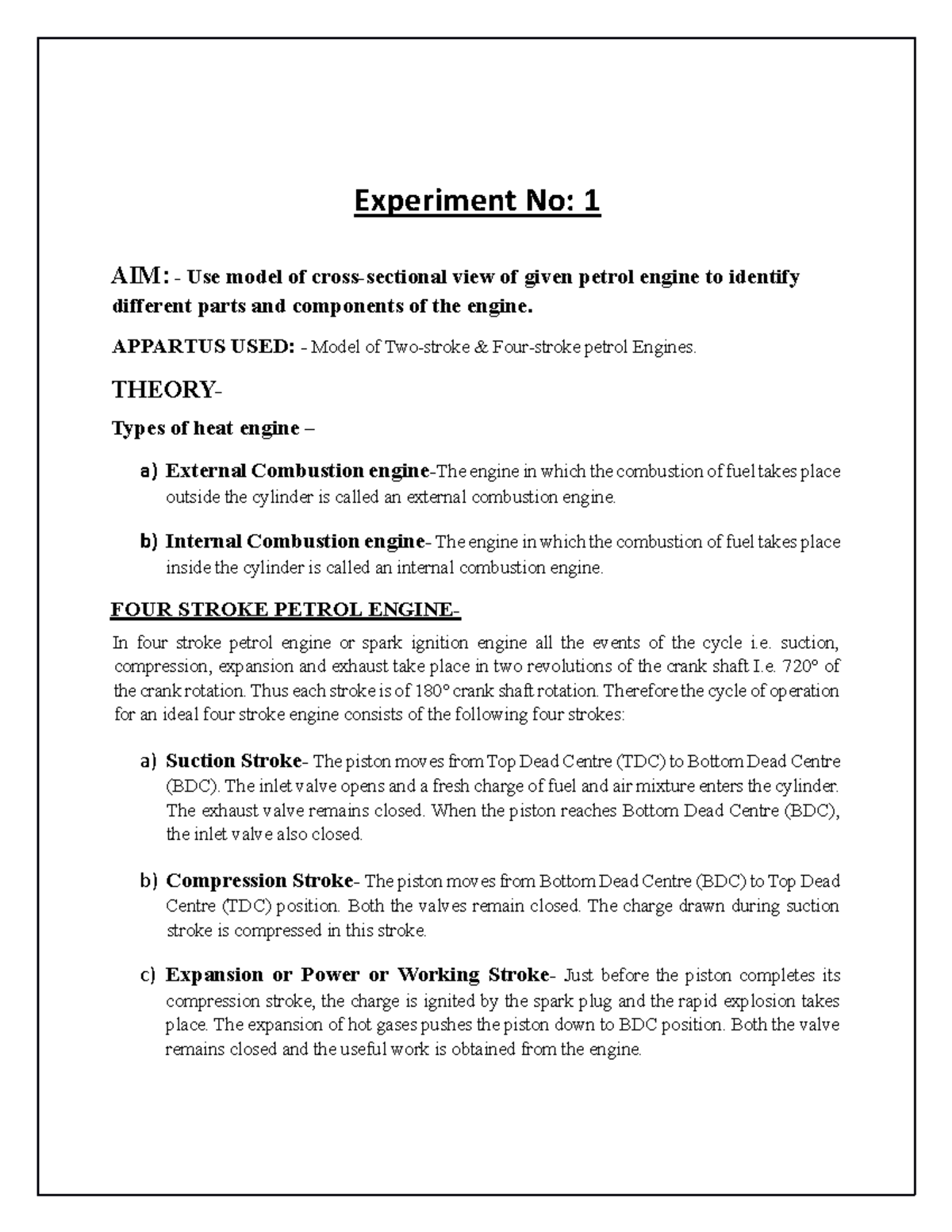BTD Lab Manual: Experiment on Petrol and Diesel Engine Components - Studocu