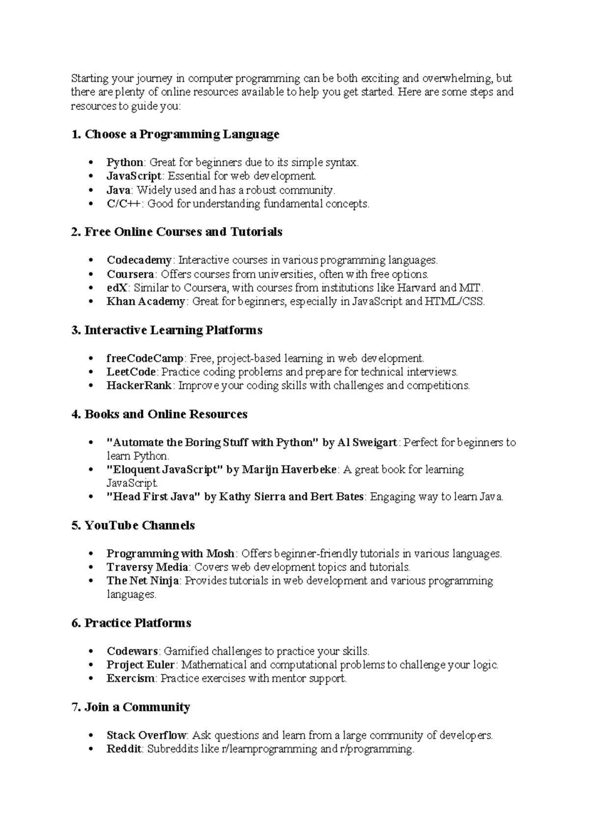 A Comprehensive Guide to Start Coding: Summary of Key Resources - Studocu