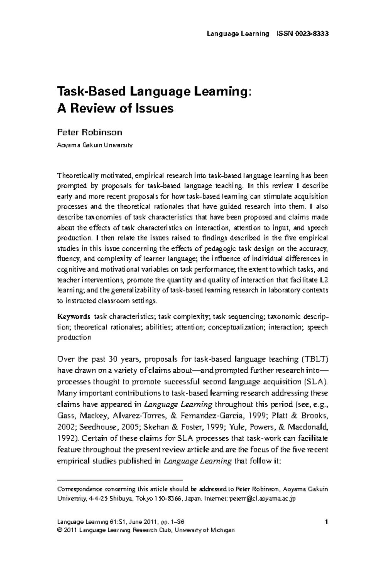 Task-Based Language Learning: A Comprehensive Review of Issues (2011 ...