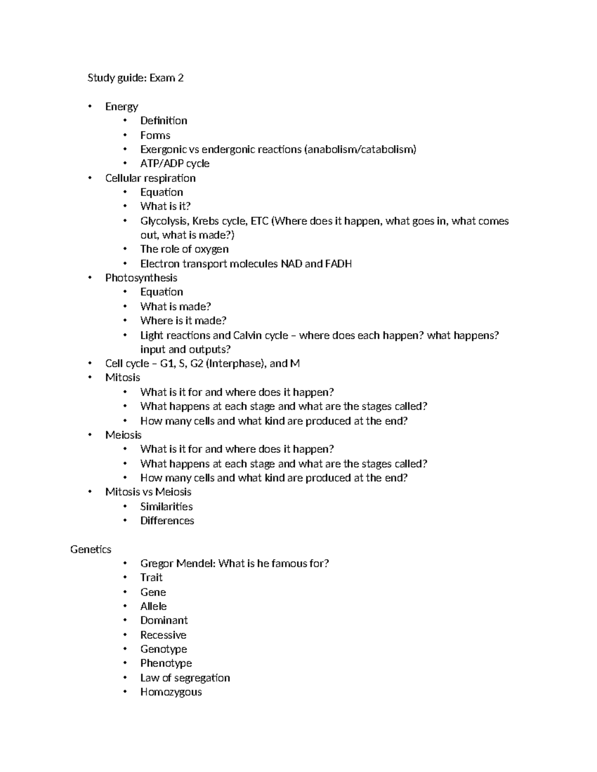 Biology Study Guide: Exam 2 on Energy, Genetics & Protein Synthesis ...