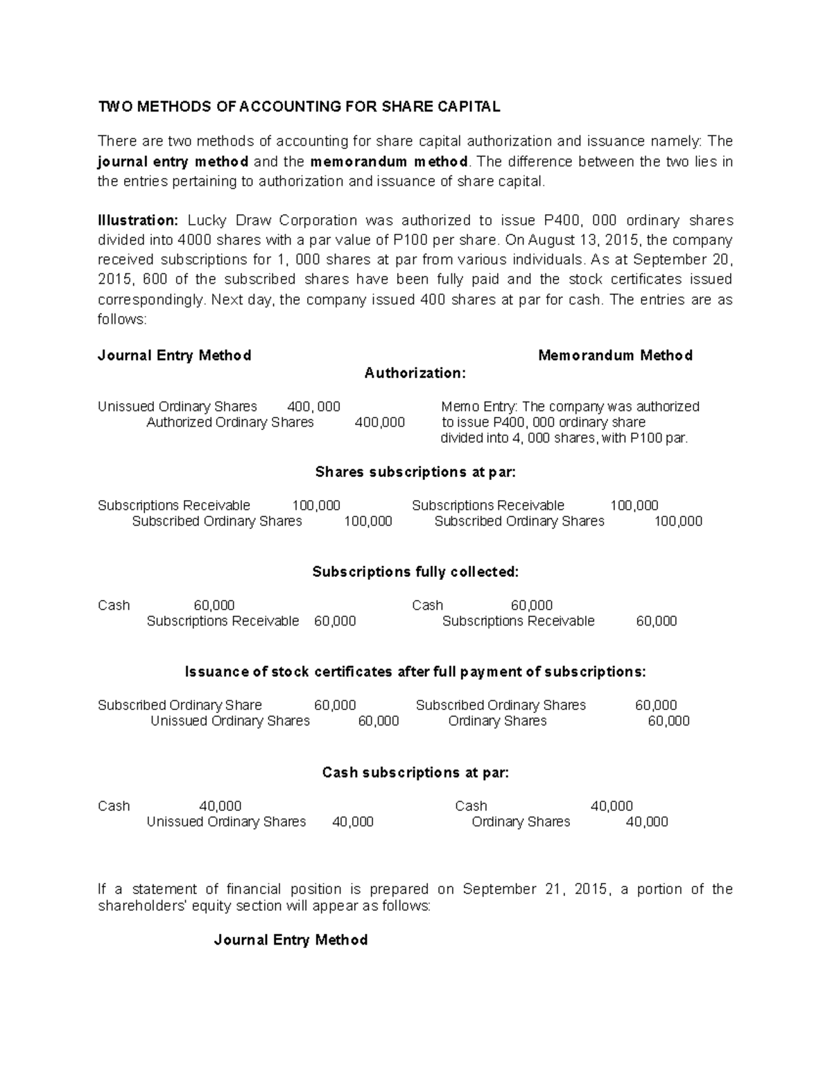 Accounting for Share Capital: Journal vs. Memo Methods Explained - Studocu